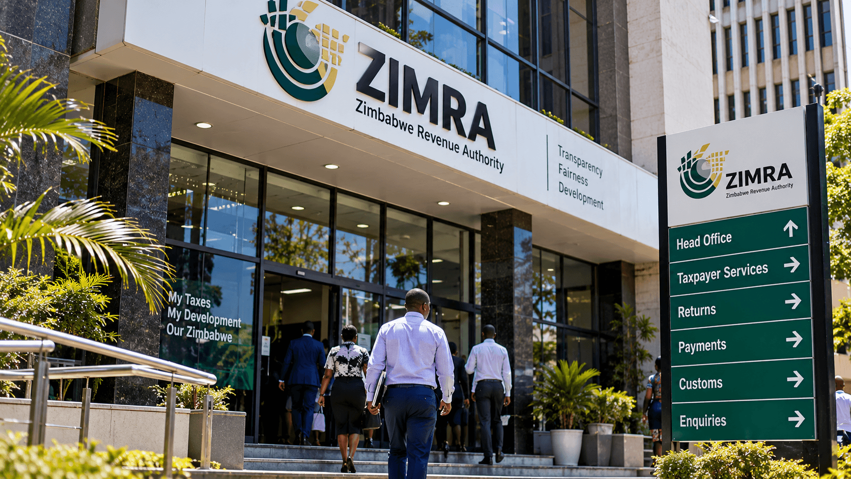Exterior of a Zimbabwe Revenue Authority office, illustrating tax administration and business compliance in Zimbabwe.