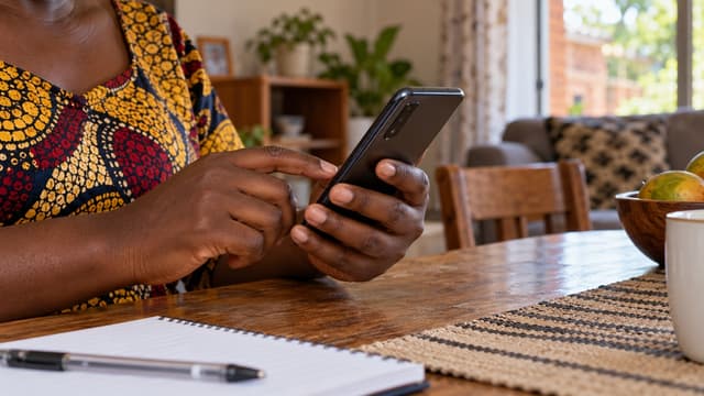 AI-generated illustration of a person holding an Android-style smartphone at a table.
