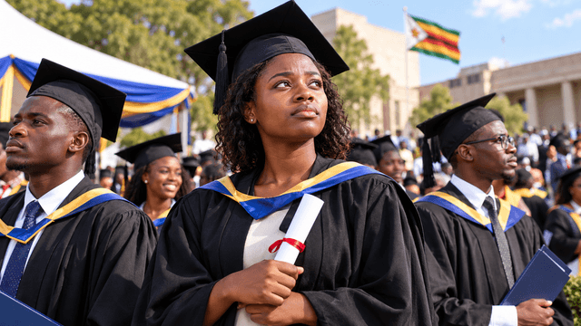 Zimbabwean university graduates wearing academic gowns at a graduation ceremony.