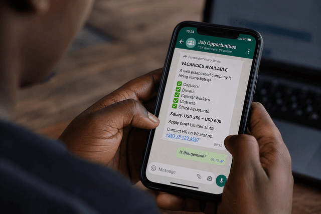 A Zimbabwean jobseeker reading a recruitment message on a smartphone while reviewing employment documents.