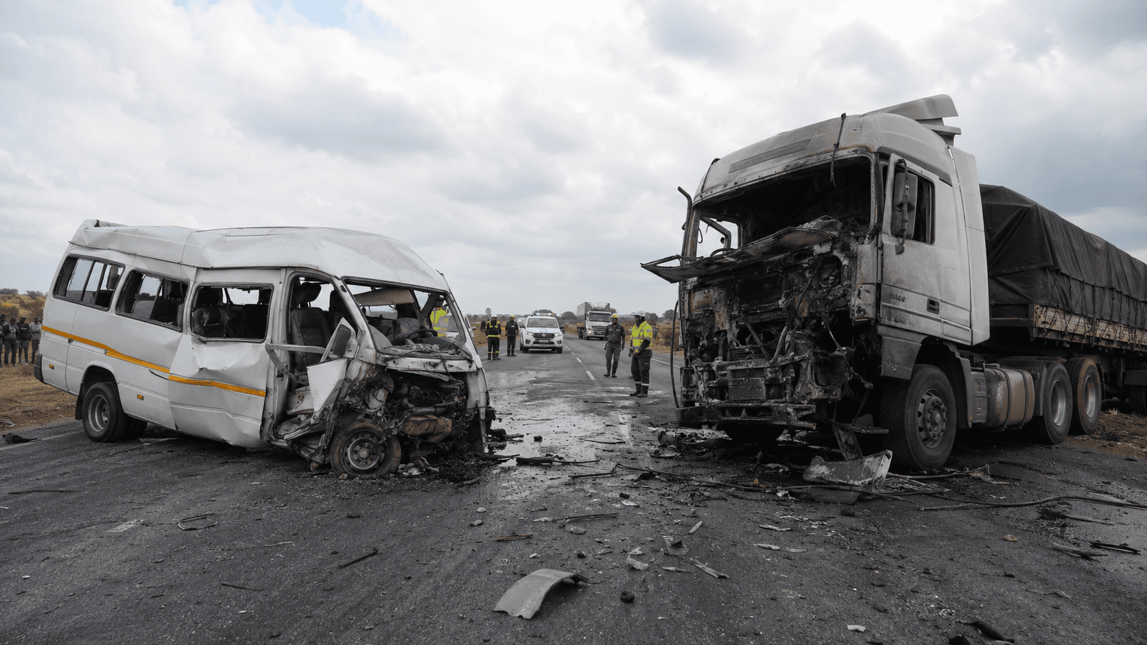 Emergency scene following a commuter omnibus and haulage truck collision near Chivhu on the Harare–Masvingo highway.