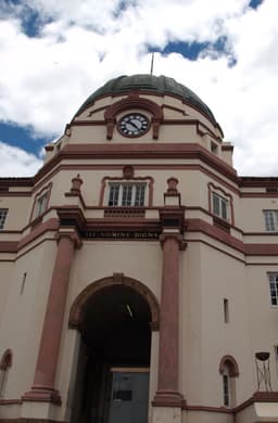 Clock tower and entrance of the Bulawayo High Court building.